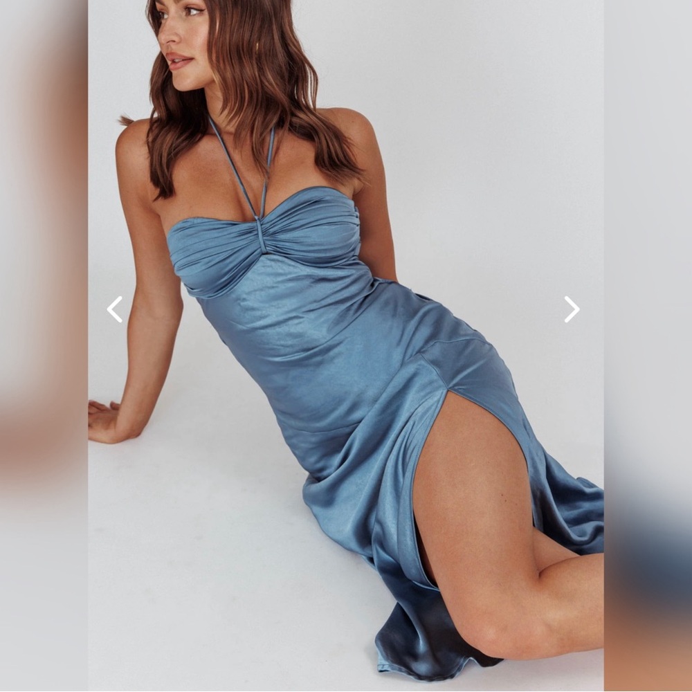 Selfie Leslie Satin Blue Midi Dress with Halter Neck